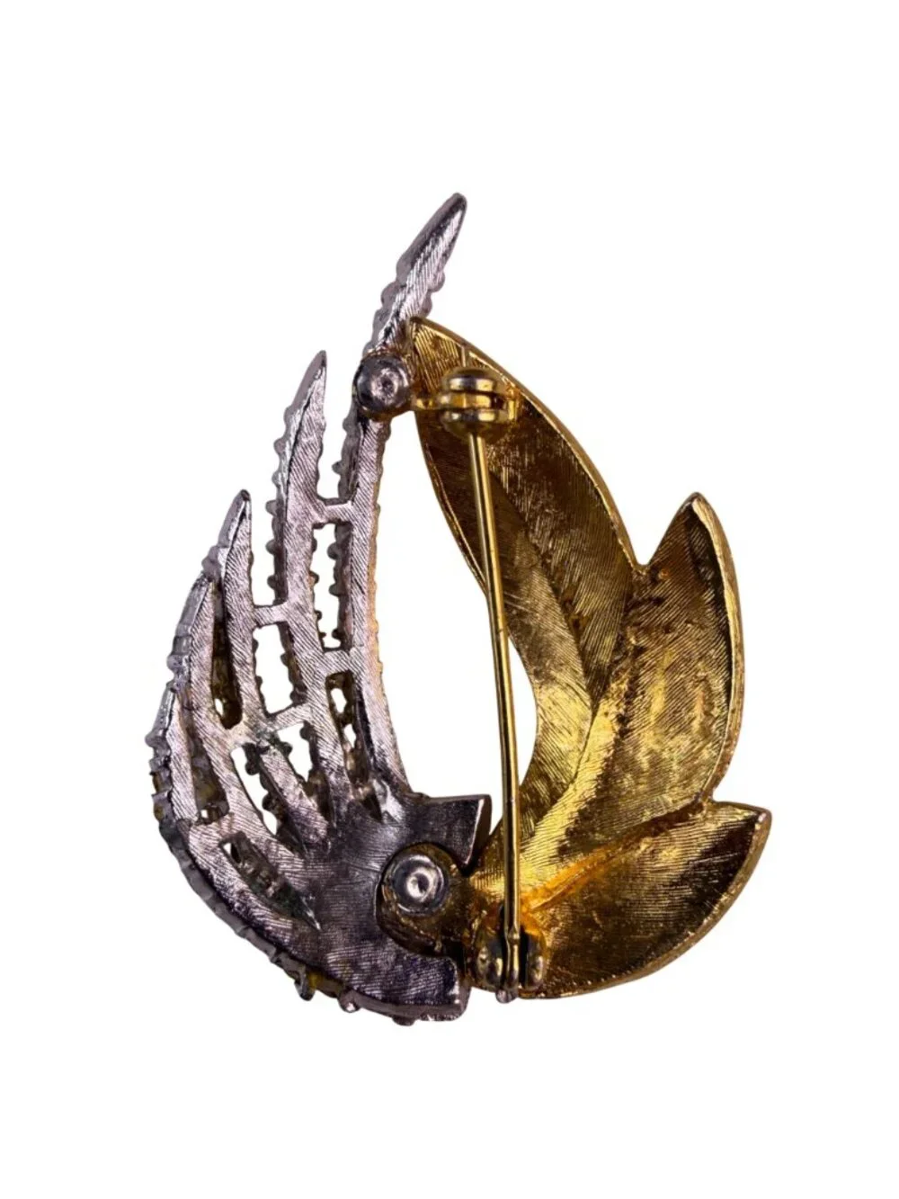 Mid-Century Gold Tone Rhinestone Feather Brooch Elegant Vintage Design